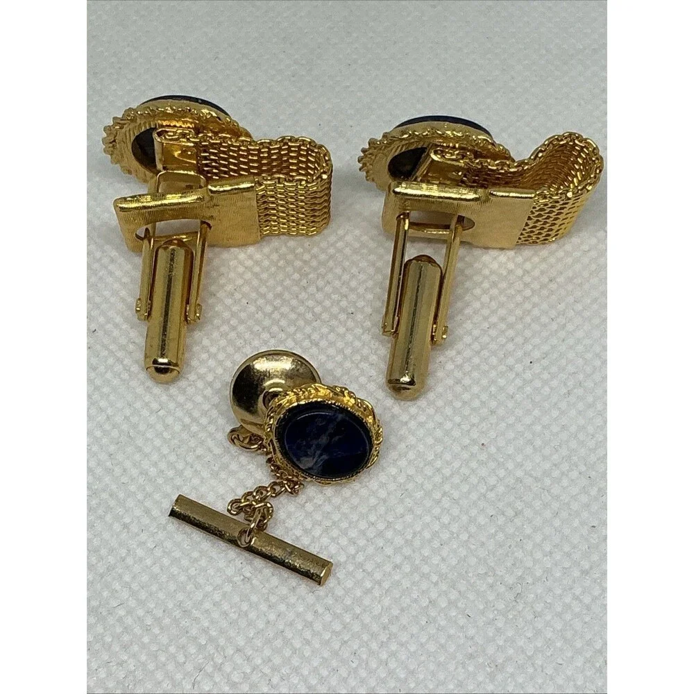 Vintage Retro Gold Tone Blue Stone Oval Mesh Wrap Around Cufflinks With Tie Tack